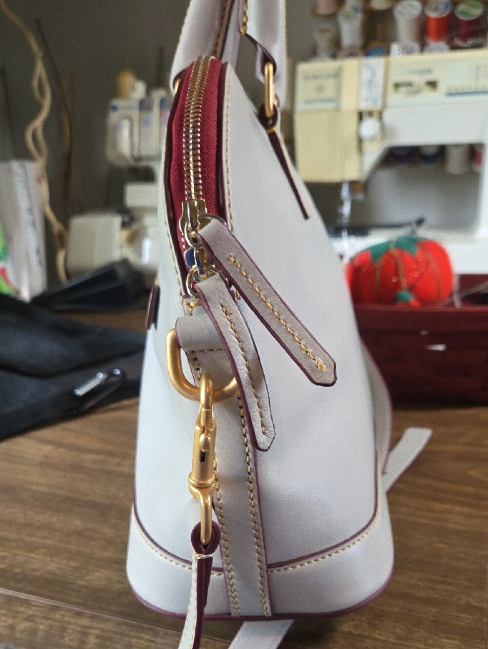 Dooney & Bourke Cream Leather Satchel with Red Trim - Picture 5 of 13